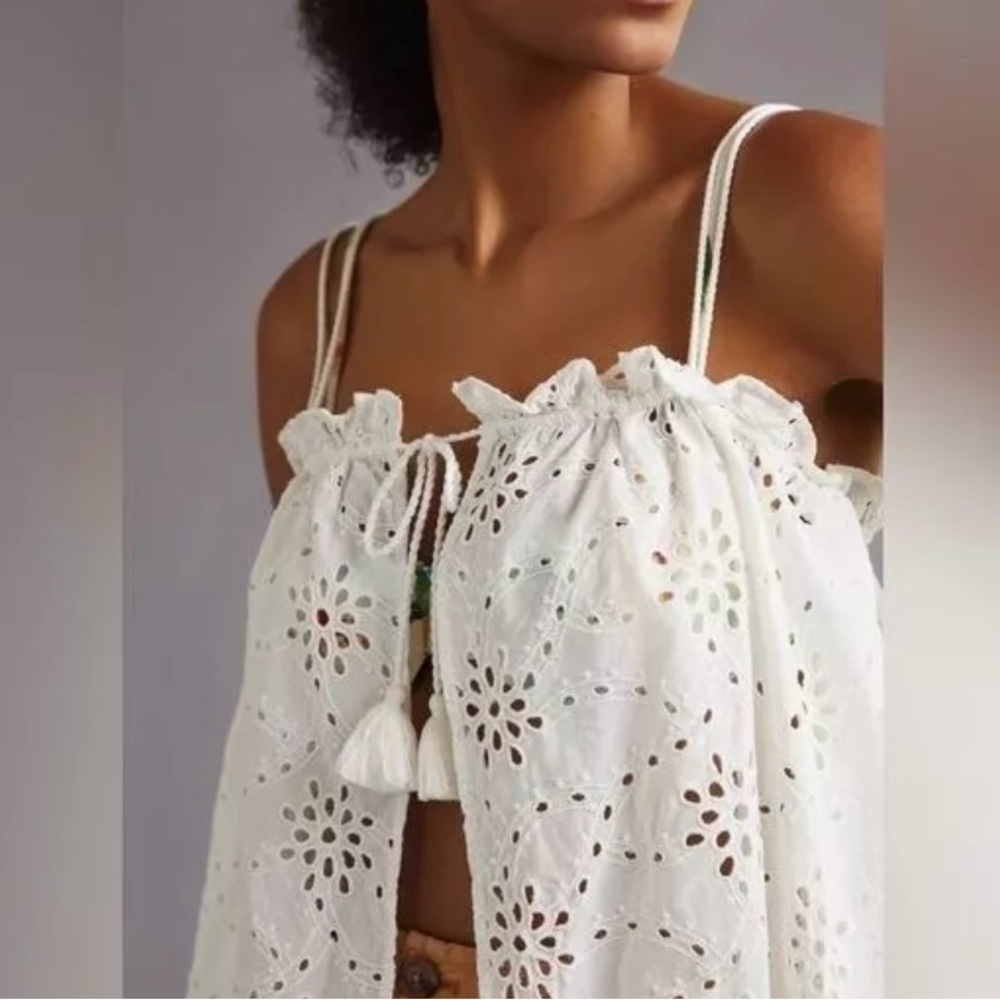 Maeve Anthropologie White Eyelet Lace Tie Front Layer Coverup Top Shirt OS - Picture 2 of 7